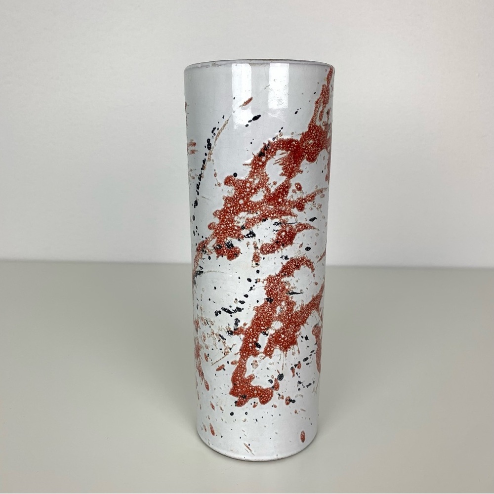 West Germany Vase Red Black Splatter Cylindrical Vtg Abstract Fat Lava (Marei?)
